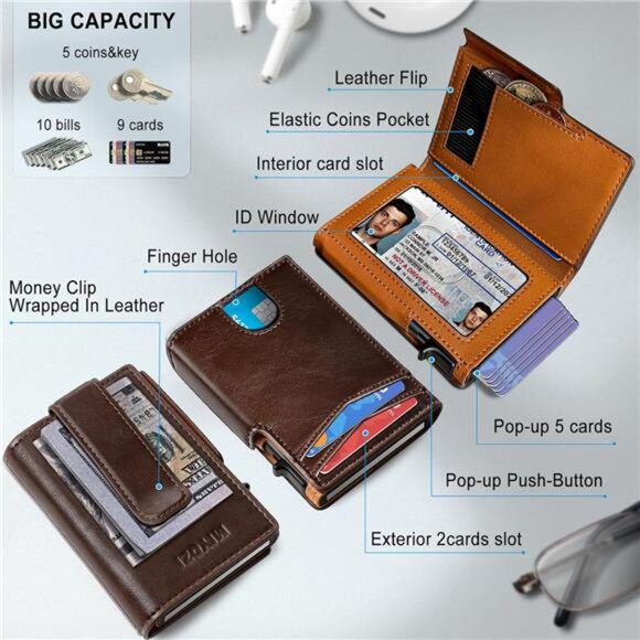 Men Wallet,with Money Clip Coins Pocket ID Window,Slim Front Pocket RFID - Picture 2 of 7